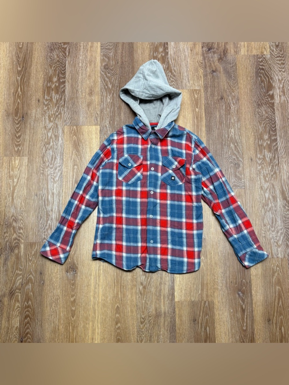 DC Red and Blue Plaid Hooded Shirt with Gray Hood